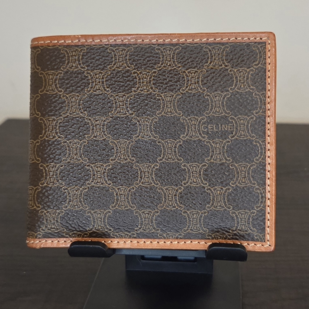 Vintage Celine Macadam Triomphe Canvas Bi Fold Wallet Brown Tan w/ Entrupy COA